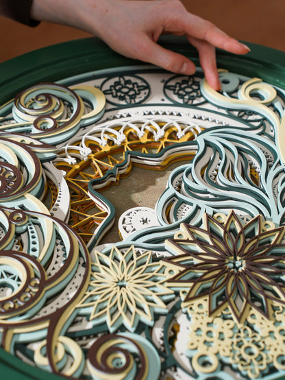 Biophilic Teakwood Coffee Table Fern Halo — 3D Radial Leaf Layered Furniture — Scandi-Modern Hand-Finished Organic Statement - velvet & grain