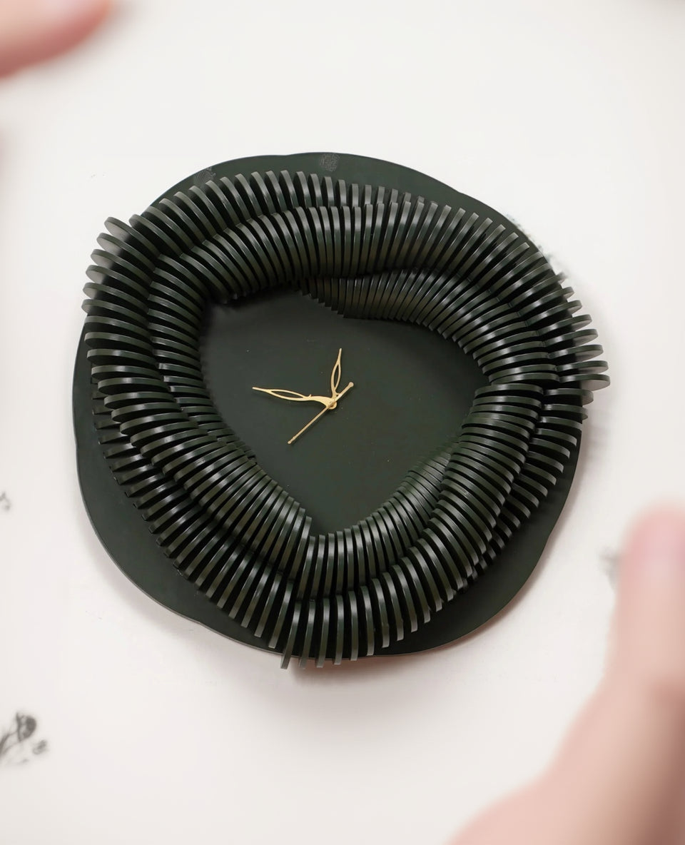 Biophilic 3D Wood Wall Clock Moss Helix — Layered Botanical Timepiece — Modern Silent Geometric Birch Wood Art - velvet & grain