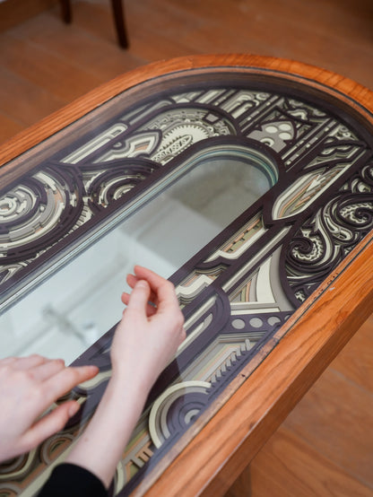 Industrial Statement Coffee Table Automaton — 3D Layered Geometric Furniture — Modern Minimalist Designer MDF Centerpiece - velvet & grain