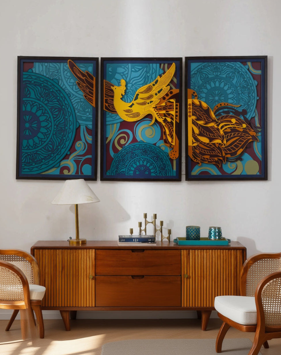 Golden Phoenix Triptych on a large living room wall