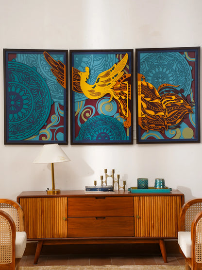 Luxury Modern Wall Art Golden Phoenix Triptych - 3 Piece 3D Wood Wall Decor - Large Multilayered Gold Art - velvet & grain