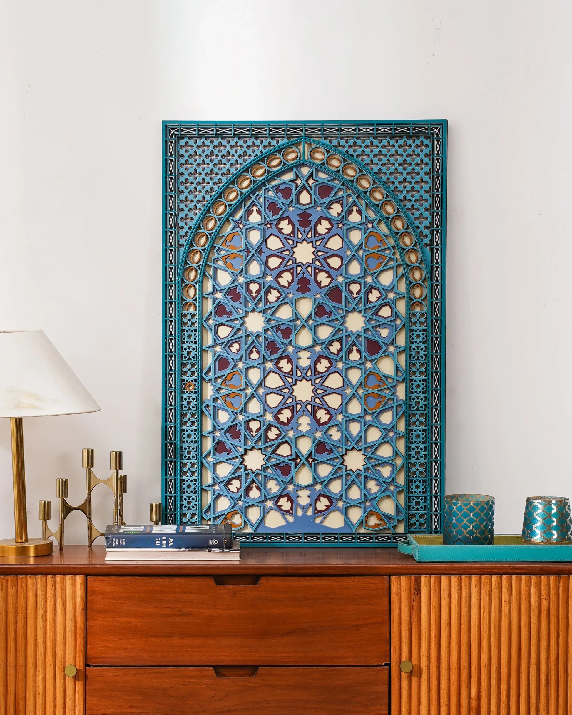Abstract Geometric Wood Wall Decor Multiverse - Persian Teal Layered Art - 3D Hand Painted Laser Cut Sculpture - velvet & grain