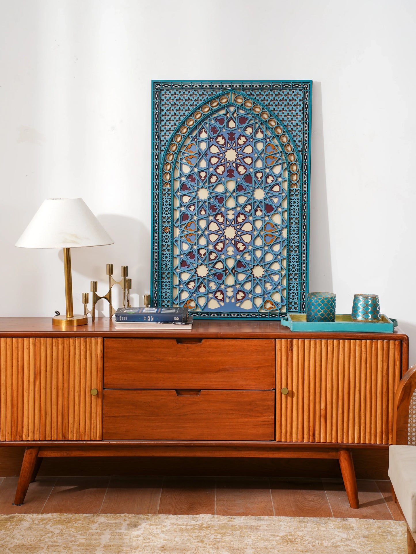 Abstract Geometric Wood Wall Decor Multiverse - Persian Teal Layered Art - 3D Hand Painted Laser Cut Sculpture - velvet & grain