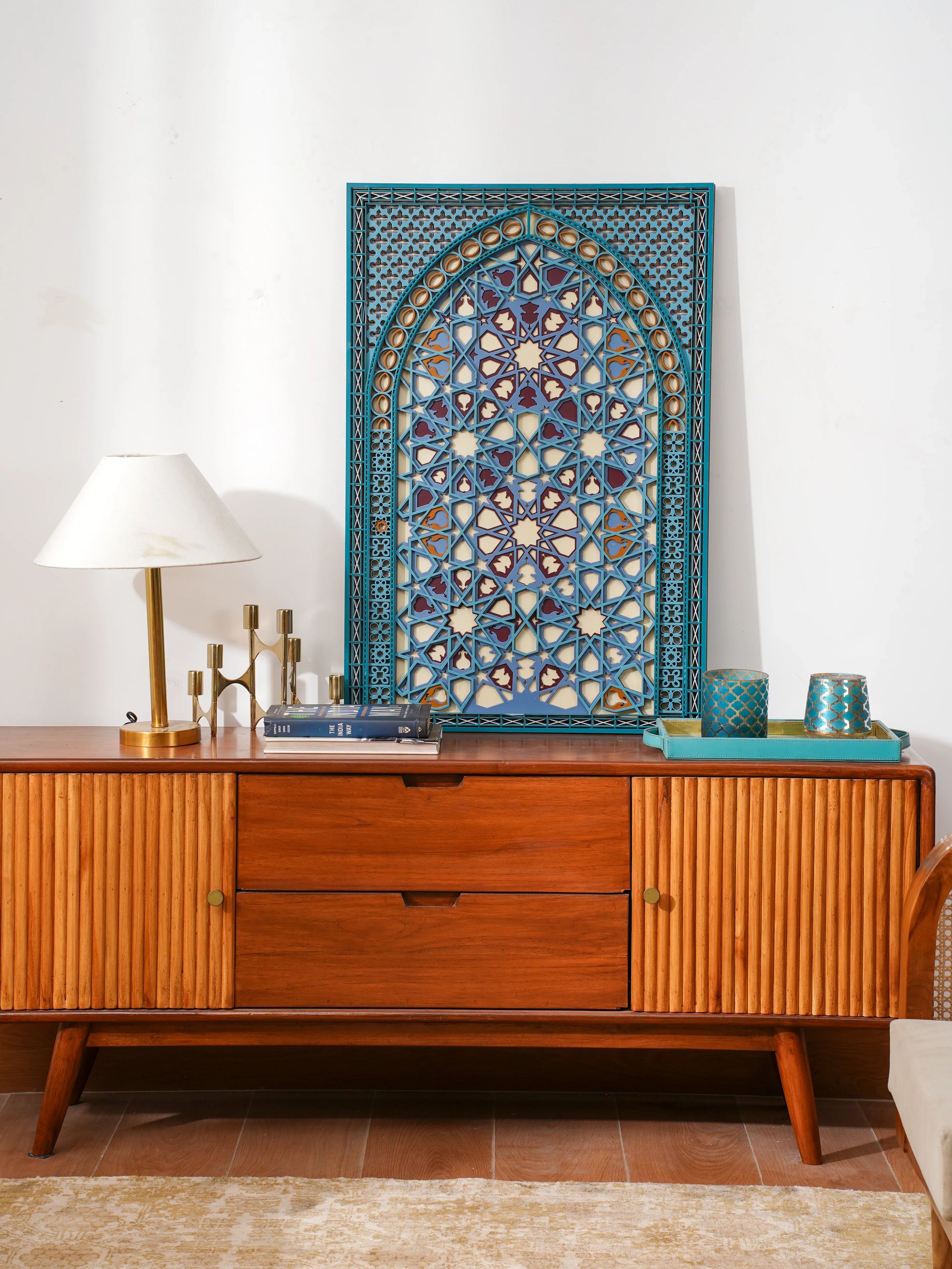 Abstract Geometric Wood Wall Decor Multiverse - Persian Teal Layered Art - 3D Hand Painted Laser Cut Sculpture - velvet & grain