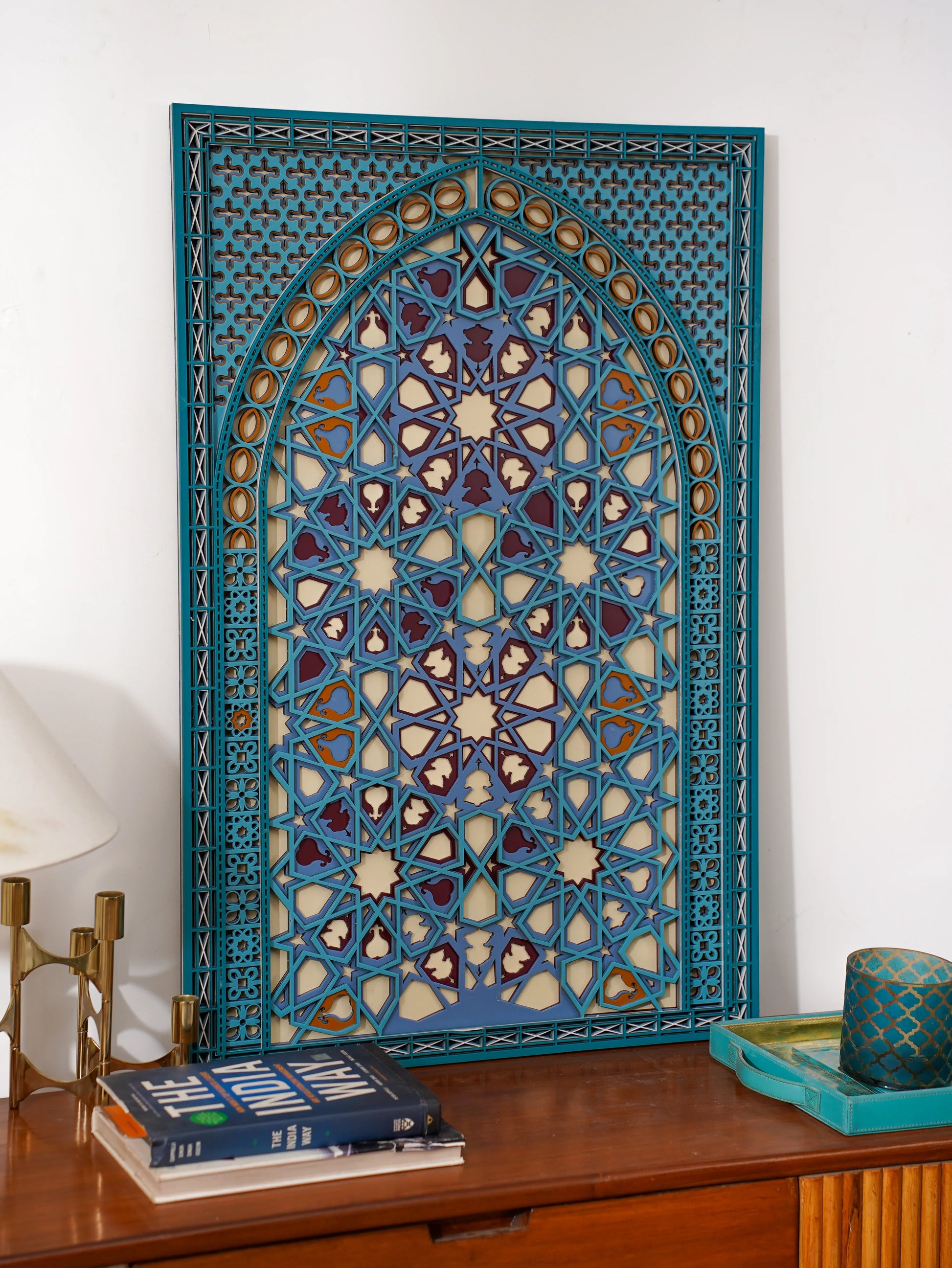Abstract Geometric Wood Wall Decor Multiverse - Persian Teal Layered Art - 3D Hand Painted Laser Cut Sculpture - velvet & grain