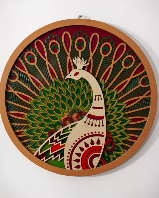 3D Peacock Wood Wall Art Prism - Multilayered Laser Cut Geometric Decor - Jewel Tone Layered Wall Hanging - velvet & grain