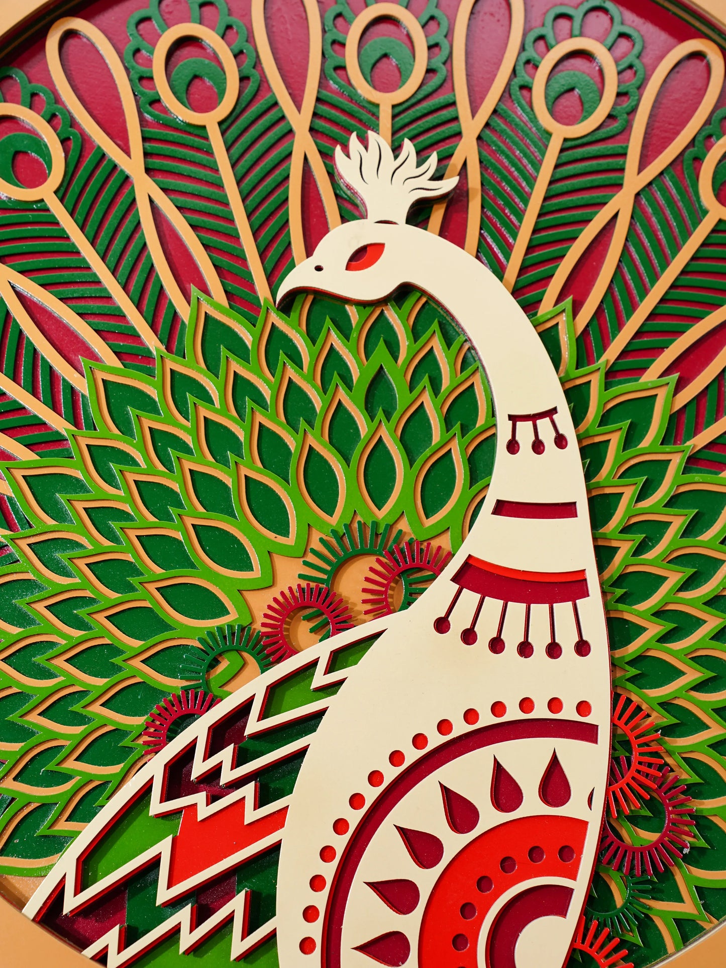 3D Peacock Wood Wall Art Prism - Multilayered Laser Cut Geometric Decor - Jewel Tone Layered Wall Hanging - velvet & grain