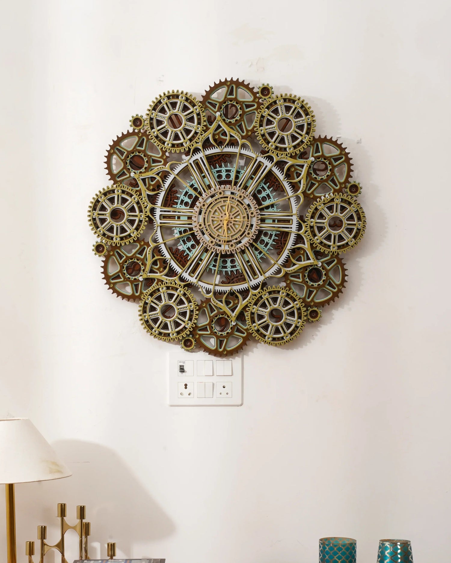 Industrial 3D Wood Wall Clock Stellar Gear — Precision Laser Cut Home Decor — Minimalist Modern Teakwood Office Sculpture - velvet & grain