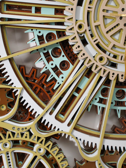 Industrial 3D Wood Wall Clock Stellar Gear — Precision Laser Cut Home Decor — Minimalist Modern Teakwood Office Sculpture - velvet & grain