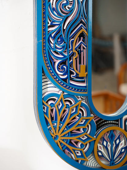 Intricate 10-Tier Wood Mirror Portal of Patterns — Premium Birch Layered Wall Decor — Modern Laser Cut Ornamental Home Art - velvet & grain