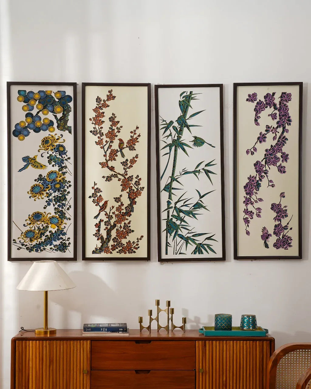 3D Wood Wall Art Botanical Quadrant - Multilayered Laser Cut Floral Decor - Hand Painted Nature Set - velvet & grain