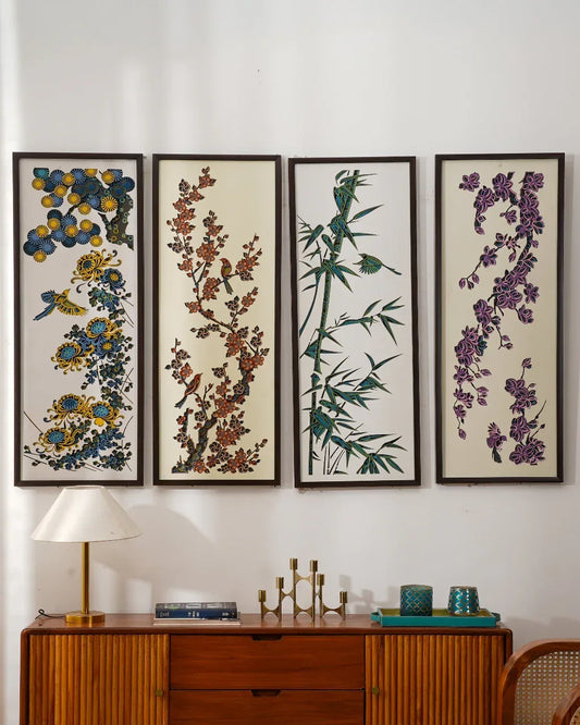 3D Wood Wall Art Botanical Quadrant - Multilayered Laser Cut Floral Decor - Hand Painted Nature Set - velvet & grain