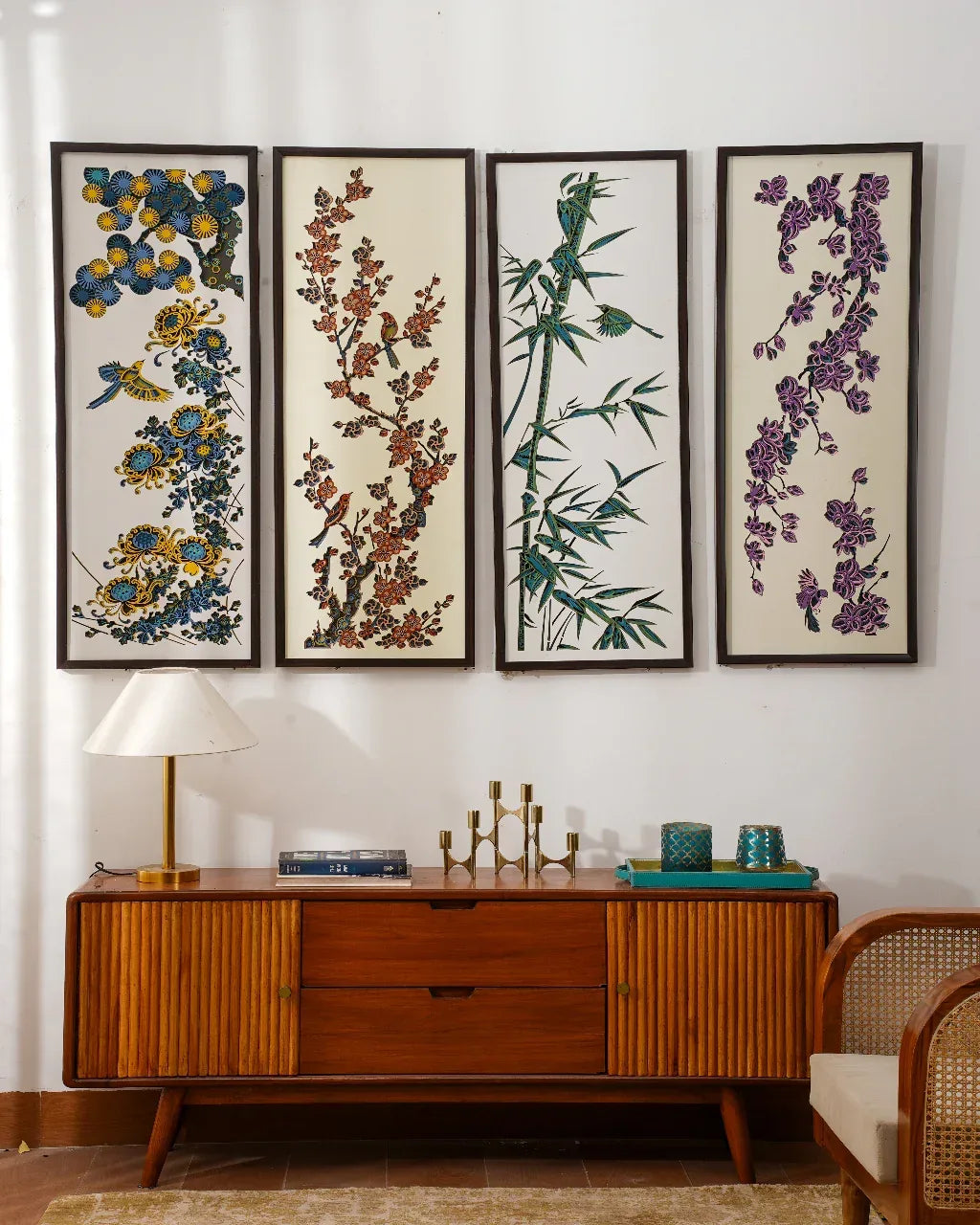 3D Wood Wall Art Botanical Quadrant - Multilayered Laser Cut Floral Decor - Hand Painted Nature Set - velvet & grain