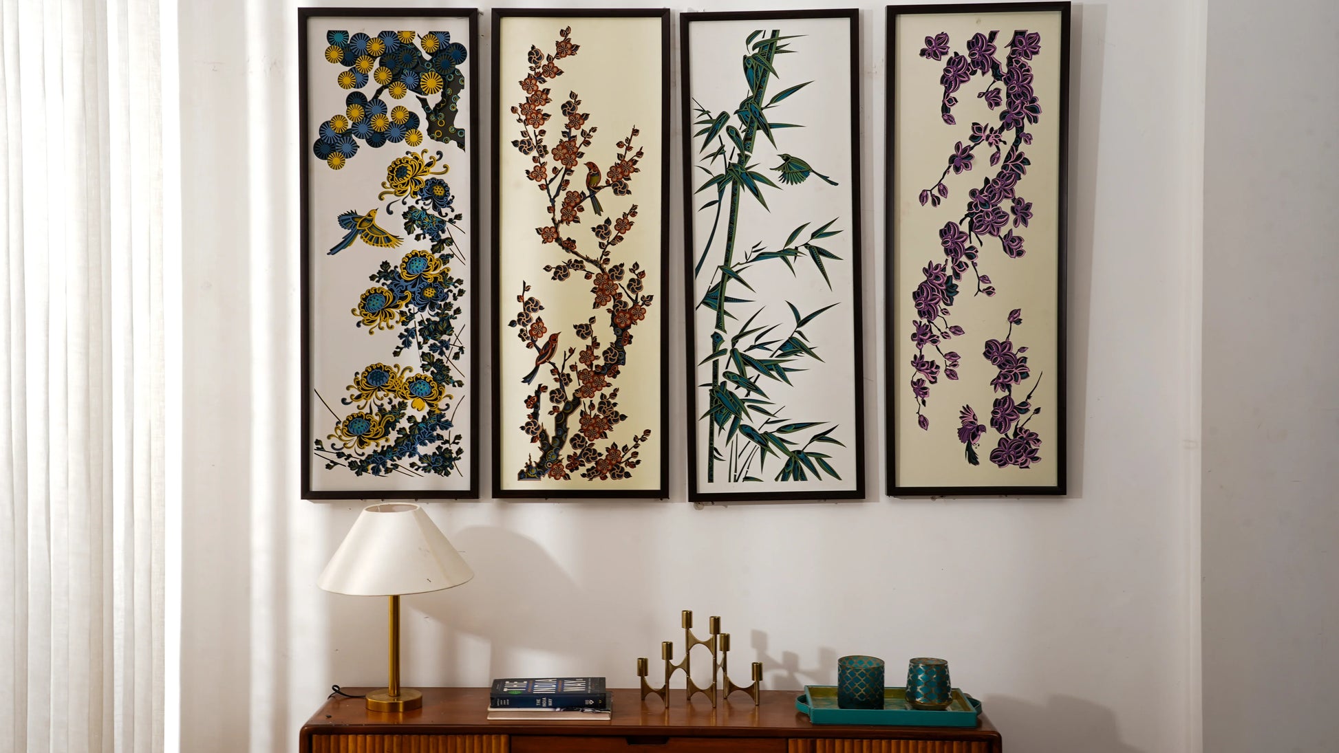 3D Wood Wall Art Botanical Quadrant - Multilayered Laser Cut Floral Decor - Hand Painted Nature Set - velvet & grain