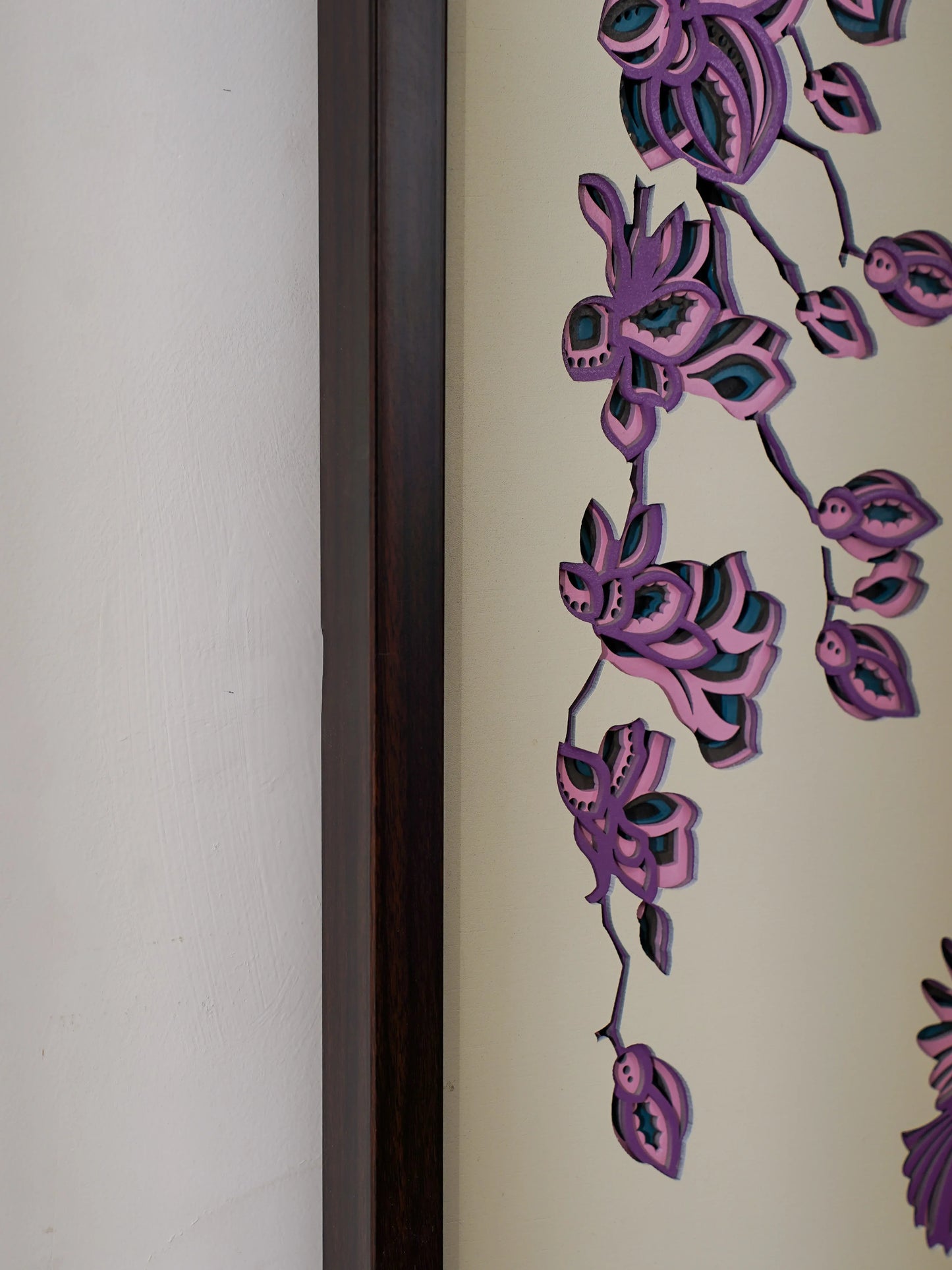 Artisan Crafted 3D Wood Art Floral Serenade — Romantic Botanical Filigree Decor — Modern Layered Birch teakwood Wall Piece - velvet & grain