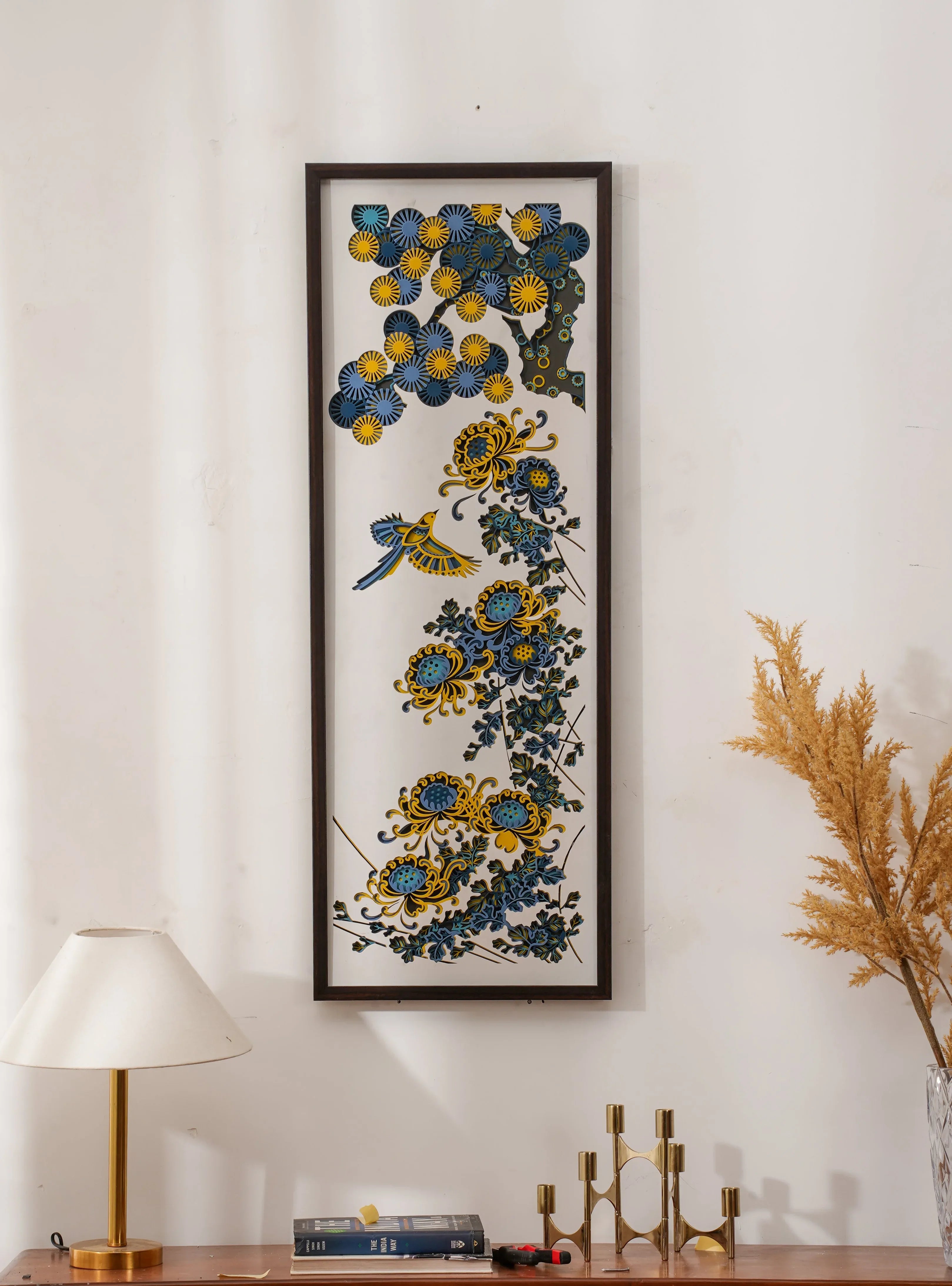 Chrysanthemum Flight vertical wall art in hallway