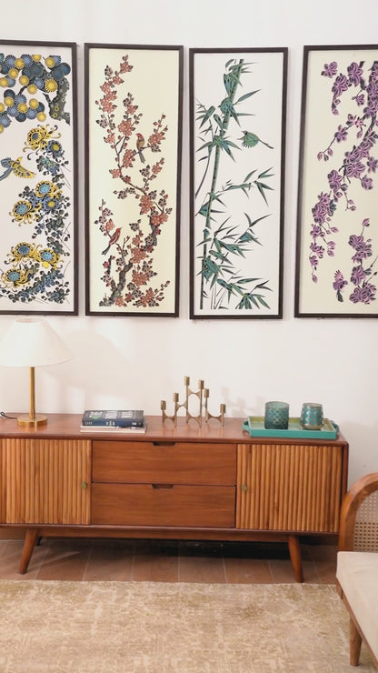 3D Wood Wall Art Botanical Quadrant - Multilayered Laser Cut Floral Decor - Hand Painted Nature Set