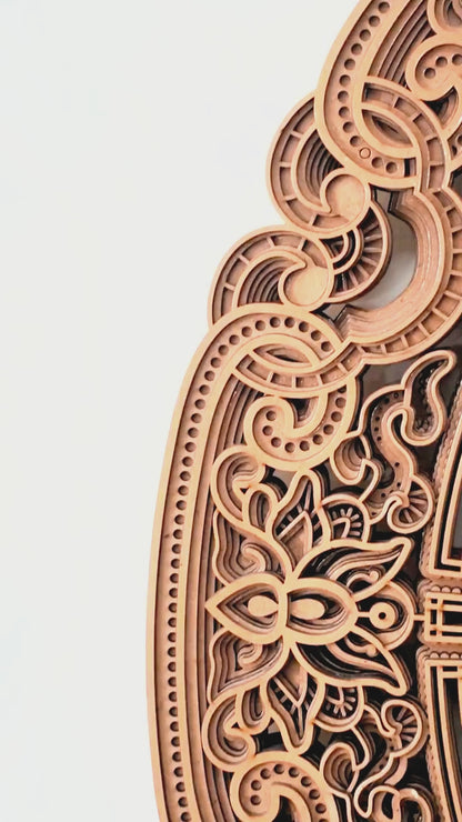 Teakwood Finish 3D Wall Decor Celestial Swirls — Minimalist Layered Lotus Art — Modern Laser Cut Wood Fretwork