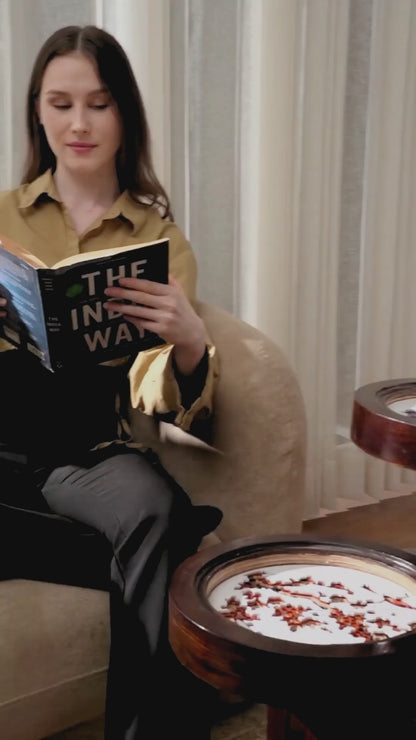 Triple-Layered Teakwood Coffee Table Trilogy Flora — 3D Botanical Triptych Furniture — Modern Artisan Floral Statement Piece