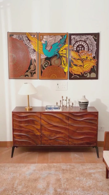 Luxury Modern Wall Art Golden Phoenix Triptych - 3 Piece 3D Wood Wall Decor - Large Multilayered Gold Art